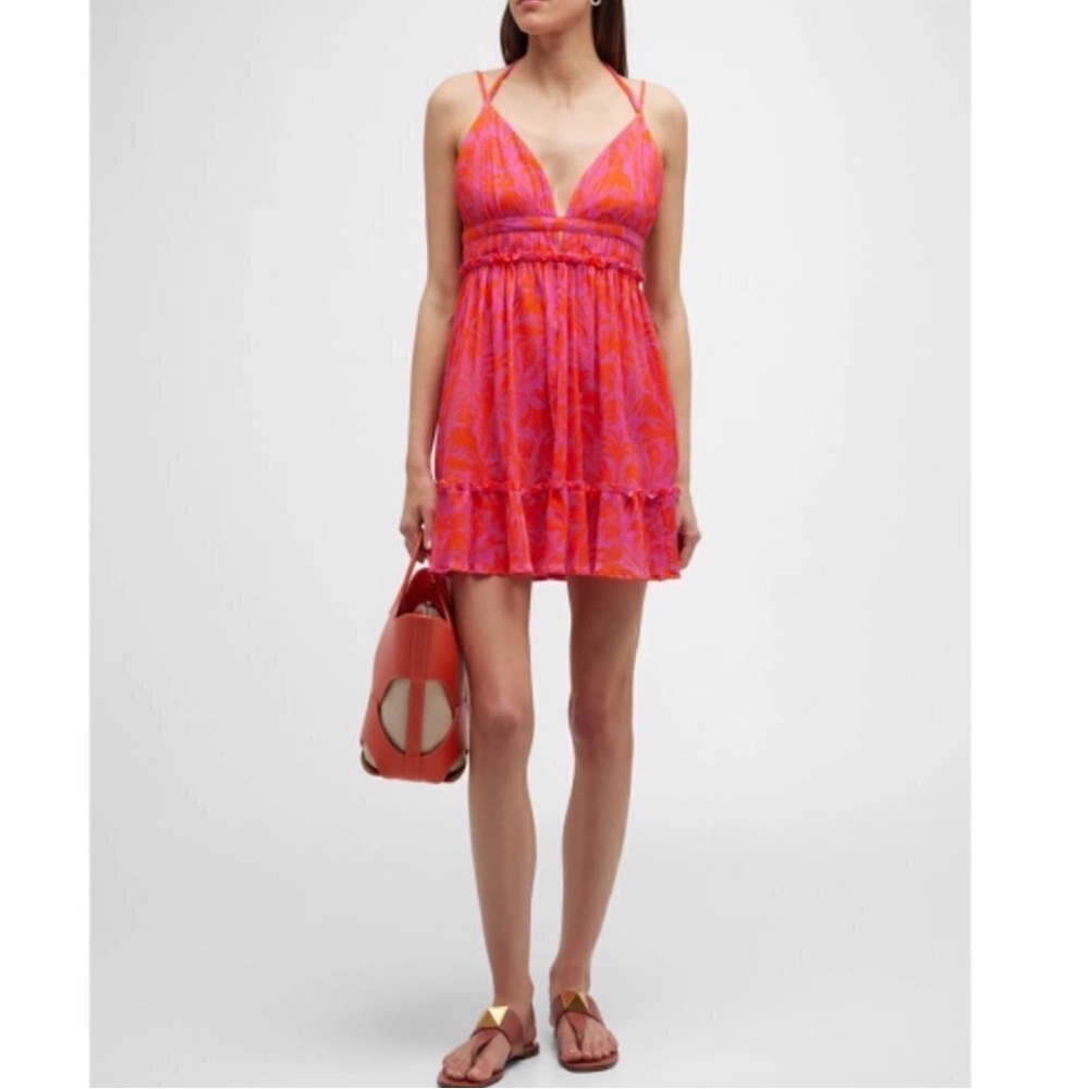 PQ Swim Daphne Palm-Print Mini Dress/Cover-Up in Pink/Orange.